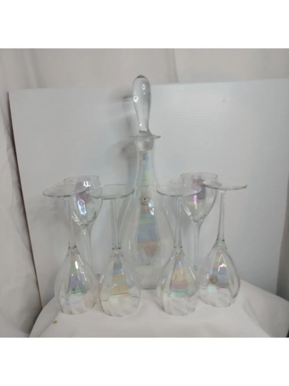 Hand blown Iridescent Toscany Wine SeT 6 Glasses Decanter W/Stopper Romania New
